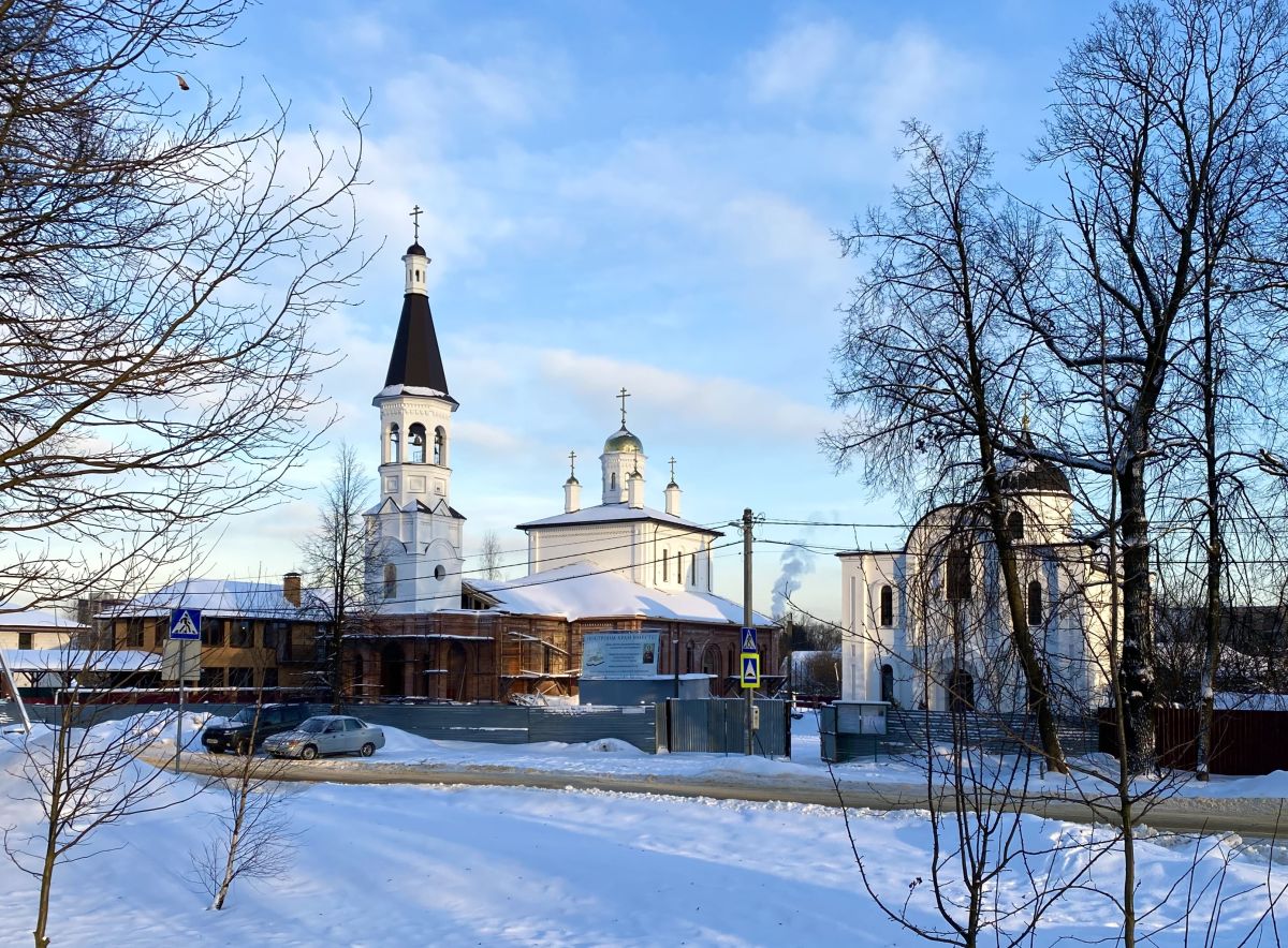 Церковь Пантелеимона Целителя (строящаяся), Львовский (Подольский городской округ, Московская область). документальные фотографии, Общий вид от станции, справа за деревьями- малая церковь