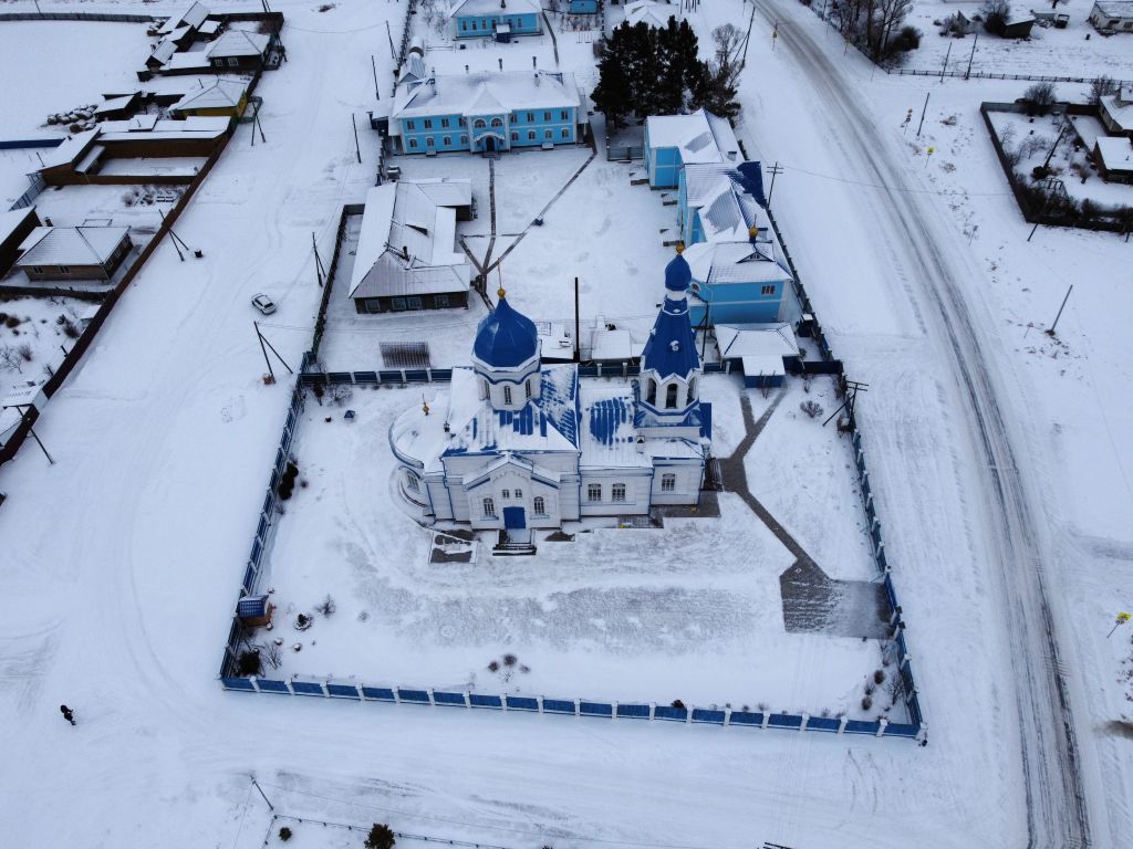 Вознесенский женский монастырь, Кочергино (Курагинский район, Красноярский край). общий вид в ландшафте, С воздуха