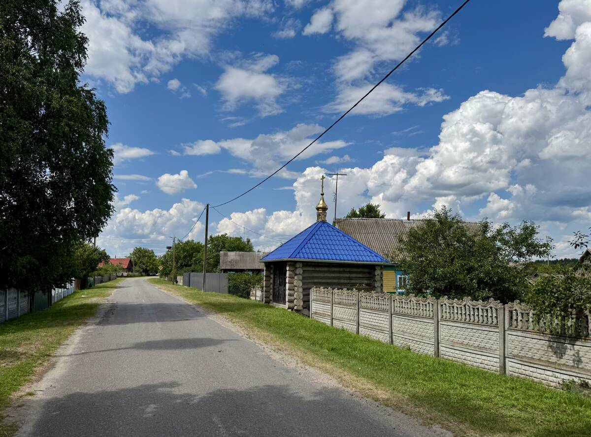 Часовня Креста Господня, Кожан-Городок (Лунинецкий район, Беларусь, Брестская область). общий вид в ландшафте, Вид вдоль улицы