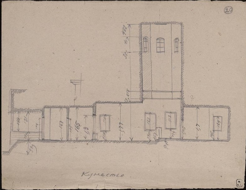 Церковь Петра и Павла (старая), Кунесть (Гдовский район, Псковская область). архивная фотография, Кроки обмера церкви в селе Кунестье. Продольный разрез. Обмерный чертёж Аплаксина А. П. начала XX в. из фондов Музея при Российской академии художеств. (ГК №41112451)