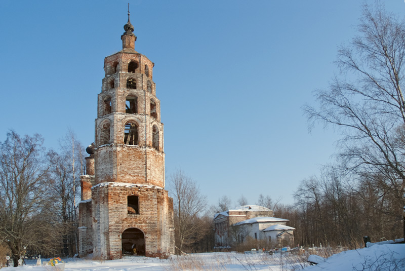 Храмовый комплекс. Церкви Николая Чудотворца и Иоанна Богослова, Николо-Раменье (Пошехонский район, Ярославская область). общий вид в ландшафте, Церкви Никольская и Богословская в Раменье