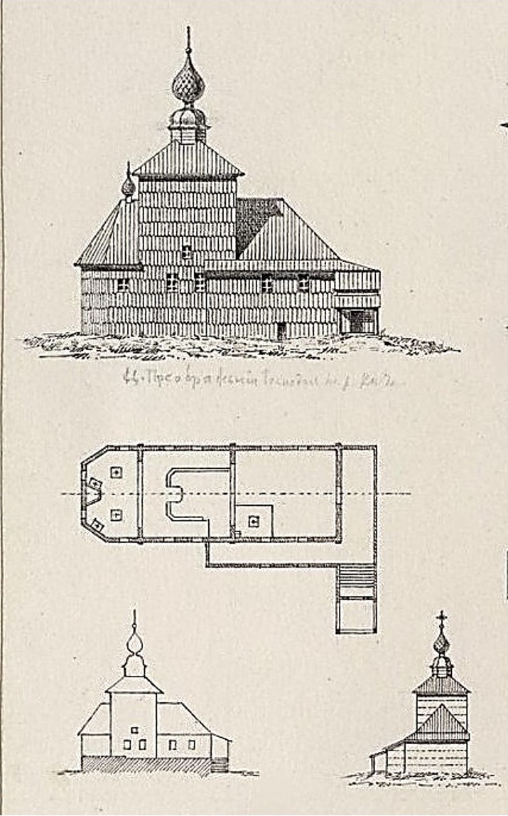 Обмерный чертёж Виноградова А. Н. и Всеславина А. С. 1887 г. из фондов Музея при Российской академии художеств. (Табл.XXVI. Музейный № А-5284), графика. Церковь Александра Невского, Крестцы (Устюженский район, Вологодская область)