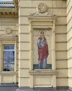 Церковь Покрова Пресвятой Богородицы, Оформление окна и мозаичное панно слева от апсиды<br>, Полысаево, Ленинск-Кузнецкий район и г. Ленинск-Кузнецкий, Кемеровская область
