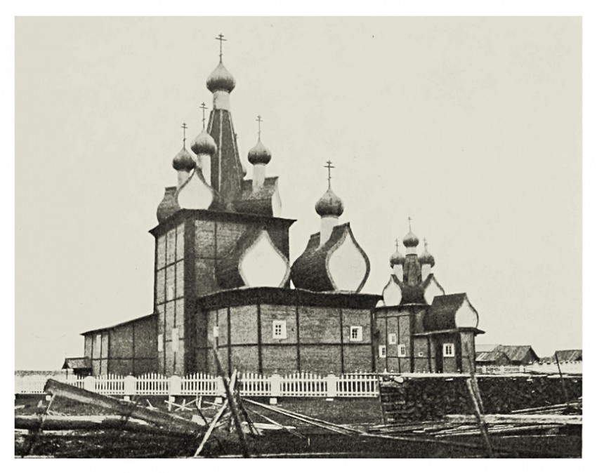 Храмовый комплекс,  Церкви Димитрия Солунского и Рождества Пресвятой Богородицы, Борок (Чёлмохта) (Холмогорский район, Архангельская область). архивная фотография, На переднем плане церковь Димитрия Солунского, за ней Рождества Богородицы. Фотография И.Э.Грабаря
