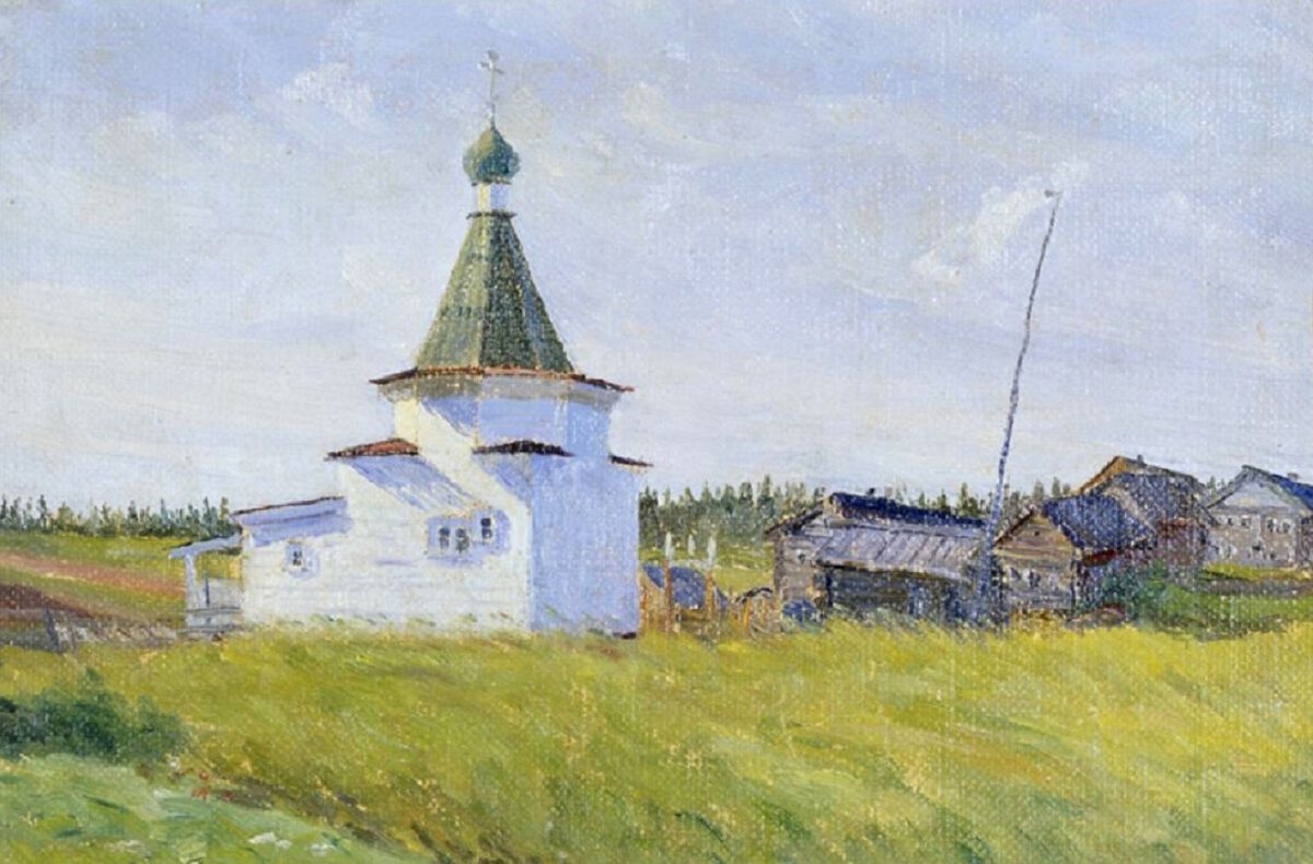 Часовня Параскевы Пятницы, Малые Озерки (Плесецкий район, Архангельская область). архивная фотография, Часовня с юго-востока. Этюд С. Г. Писахова, 1920-е гг. АОМИИ 1961 КП 801 