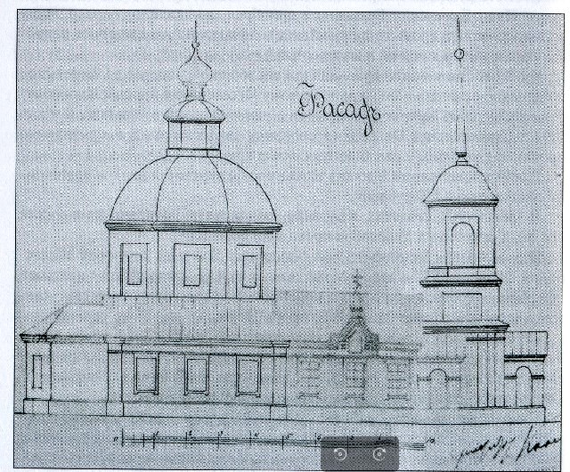 Церковь Рождества Христова, Будаево (Гагаринский район, Смоленская область). графика, Рисунок фасада, 1891 г. Из фондов ГАСО