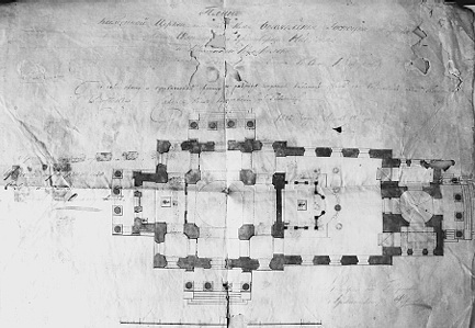 П. И. Фурсов. План фасада церкви Богоявления Господня села Кажирово Ветлужского уезда. 1825: bibl-kostroma.ru, графика. Церковь Николая Чудотворца (старая), Кажирово (Вохомский район, Костромская область)