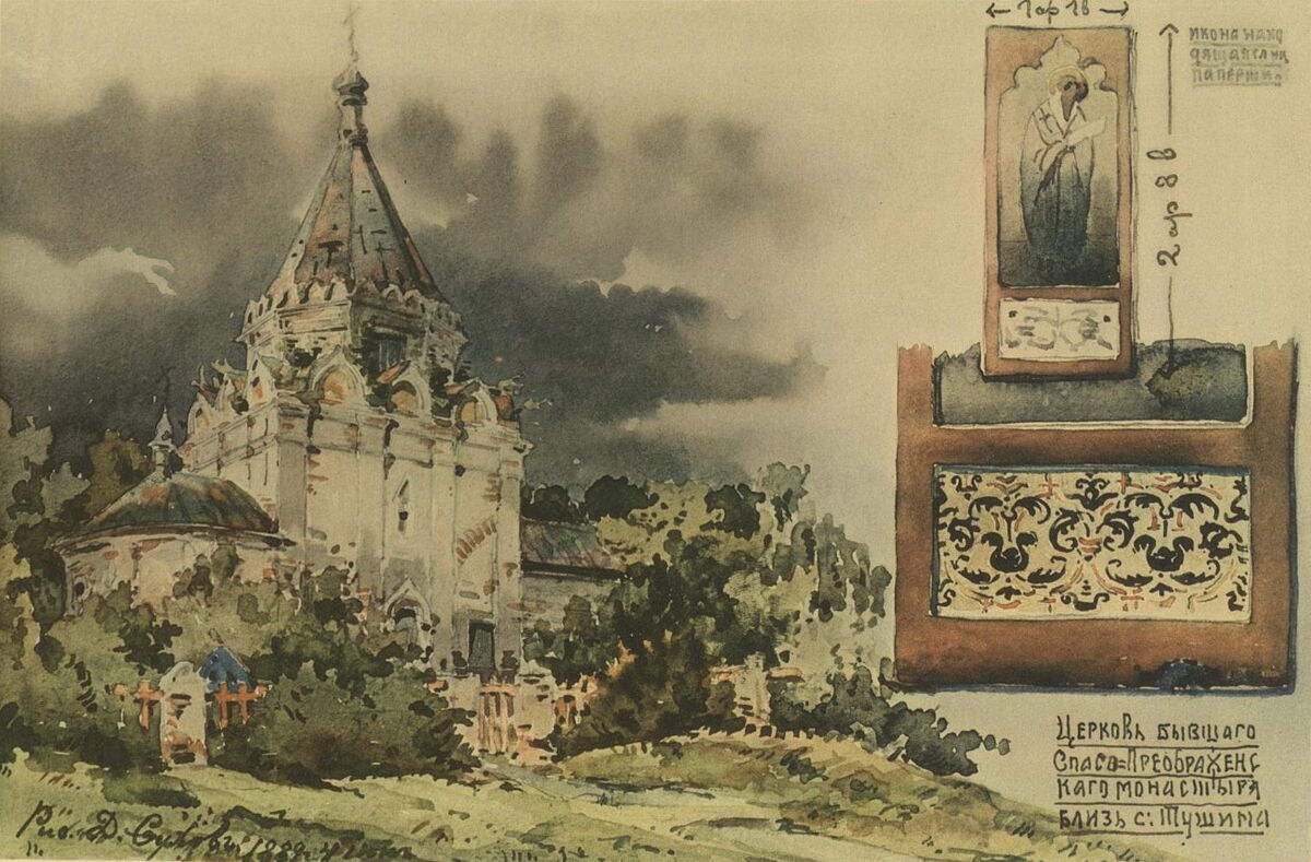 Церковь Преображения Господня в Тушине (старая), Покровское-Стрешнево (Северо-Западный административный округ (СЗАО), г. Москва). графика, Рисунок 1889 года из книги 