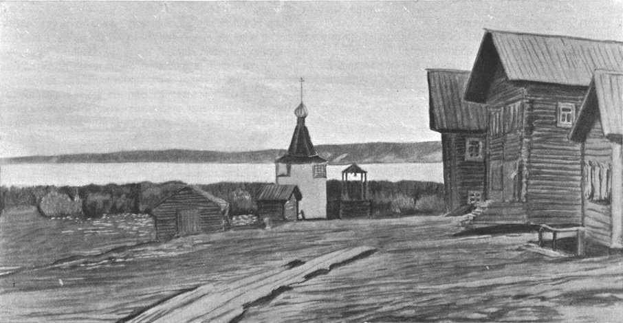Часовня Симеона Столпника, Усть-Пинега (Холмогорский район, Архангельская область). графика, Вид с востока. Рисунок В. В. Переплётчикова, 1908 г. 