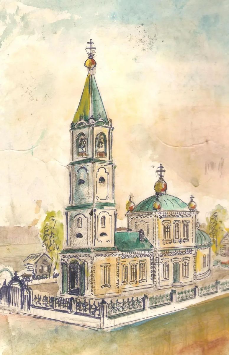 рисунок по воспоминаниям А. В. Колмогорова, графика. Церковь Троицы Живоначальной, Тугулым (Тугулымский район (Тугулымский ГО), Свердловская область)