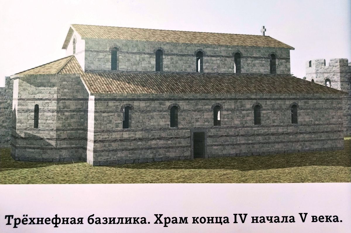 Церковь №3 (реконструкция). Фото из историко-архитектурно музея., графика. Неизвестная церковь, Пицунда (Абхазия, Прочие страны)