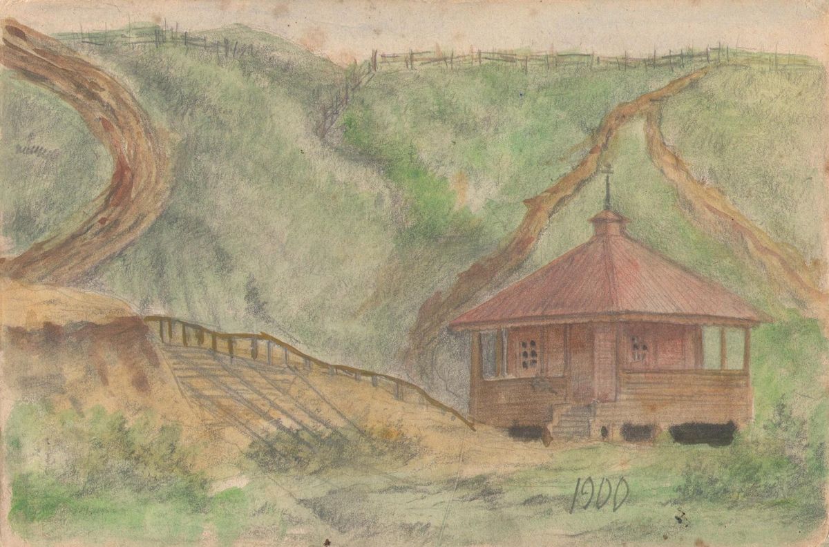 Рисунок 1900 года из фондов Новгородского музея-заповедника. Автор В.П. Ширяев, графика. Часовня Воздвижения Креста Господня, Боровичи (Боровичский район, Новгородская область)