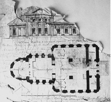 Н. И. Метлин. План и фасад соборной Предтеченской церкви села Ячмень Юрьевецкого уезда. 1808  bibl-kostroma.ru, графика. Церковь Иоанна Предтечи, Ячмень (Пучежский район, Ивановская область)