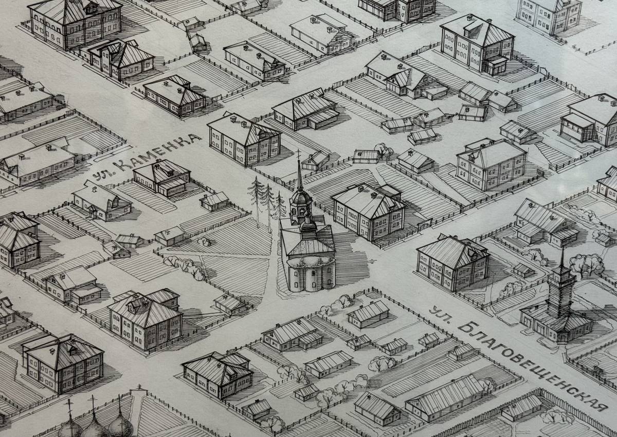 Положение в застройке. Карта из музея, графика. Церковь Воздвижения Креста Господня, Каргополь (Каргопольский район, Архангельская область)