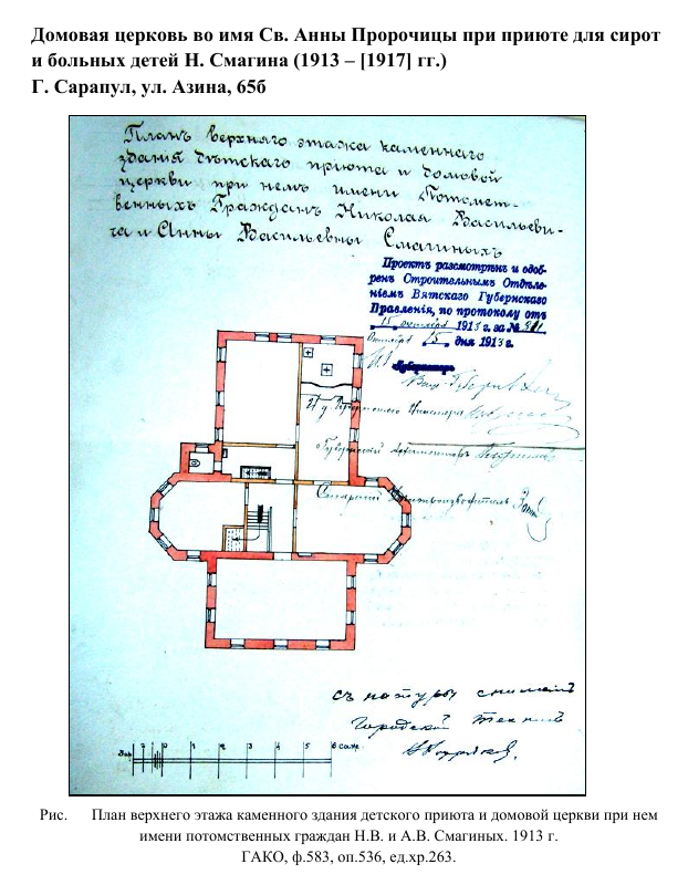 Крестиками на плане указано местонахождение домовой церкви, дополнительная информация. Домовая церковь Анны пророчицы при бывшем приюте купца Н.В. Смагина для сирот и больных детей, Сарапул (Сарапульский район и г. Сарапул, Республика Удмуртия)