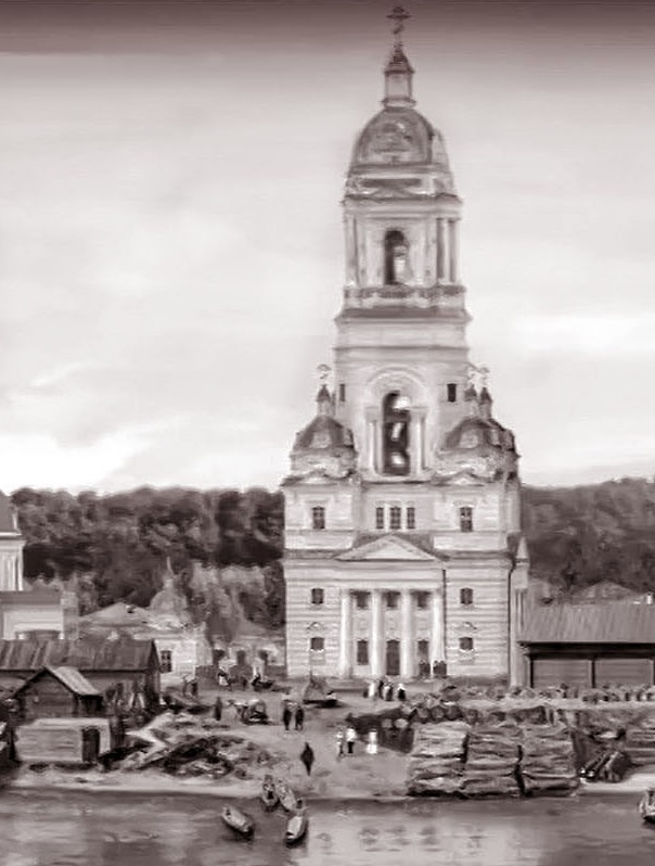 Часовня слева колокольни .Фото нач ХХ в. С сайта "Старый Сарапул", архивная фотография. Часовня Николая Чудотворца, Сарапул (Сарапульский район и г. Сарапул, Республика Удмуртия)