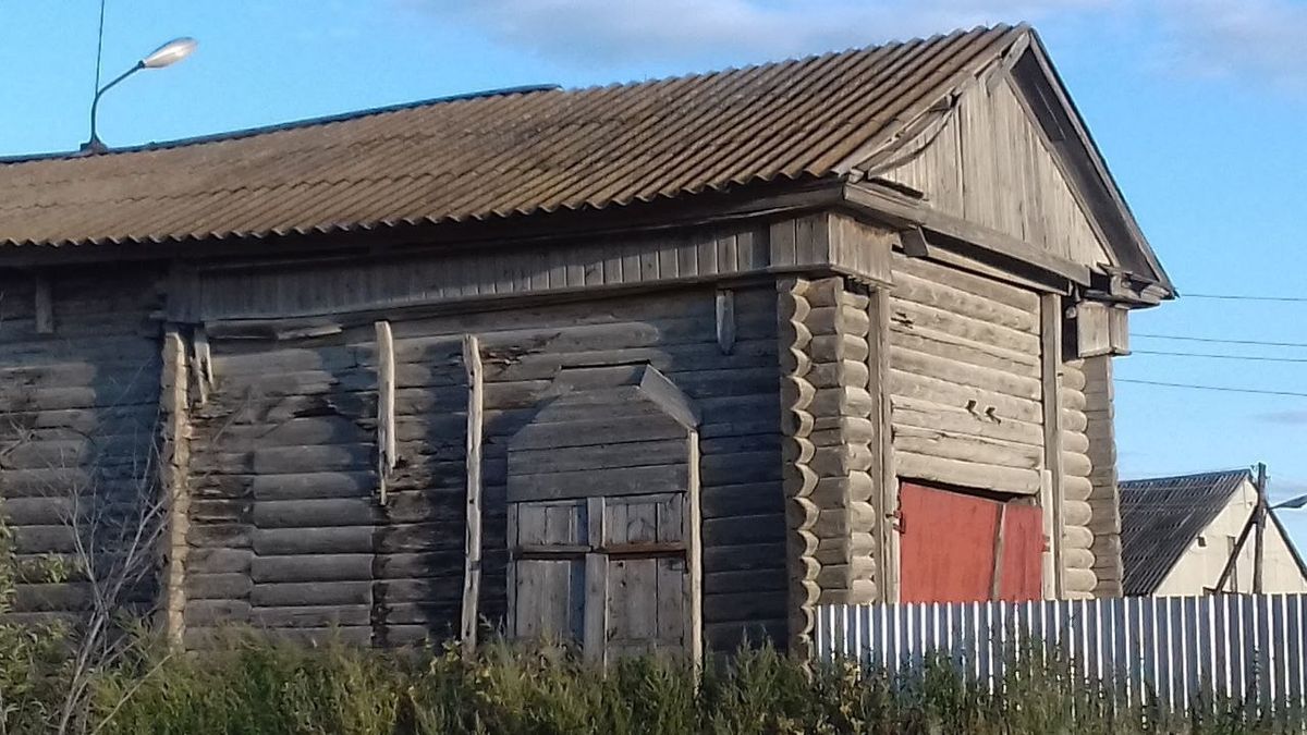 Верх  окна и двери в форме  трапеции .  Уцелели  дверные створки . Между проёмами вертикальные крепления от обшивки . Обшивка досками сохранилась только под карнизом .Окна заложены брёвнами ., архитектурные детали. Неизвестная церковь, Карлинское (Майнский район, Ульяновская область)