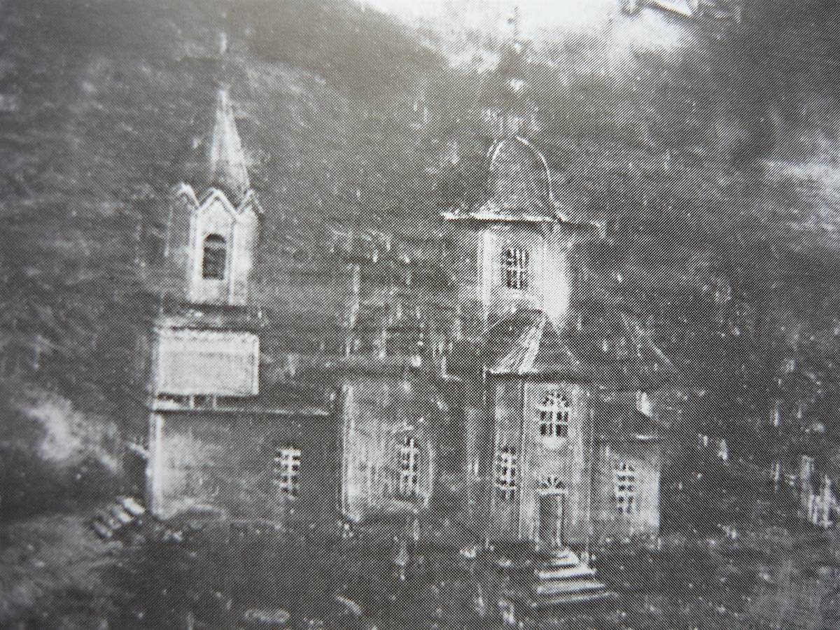 Каспля,Казанский храм, деревянный, стоял на месте каменного (с иконы хранившей в Касплянской церкви) фото А.Т.Доморацкого,1929 год., графика. Церковь Казанской иконы Божией Матери, Каспля-2 (Смоленский район, Смоленская область)