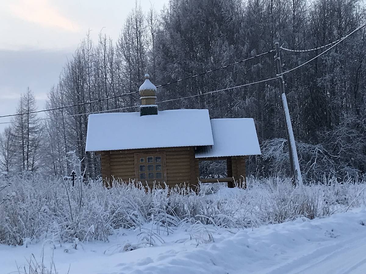 Вид сбоку. Находится возле местного кладбища. Большую часть времени закрыта., общий вид в ландшафте. Неизвестная часовня, Погост (Усть-Моша) (Плесецкий район, Архангельская область)
