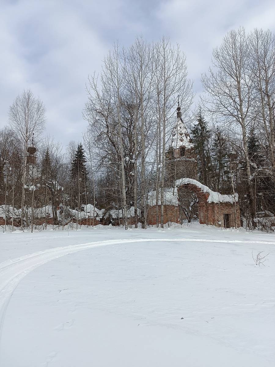 общий вид в ландшафте. Храмовый комплекс. Церкви Богоявления Господня и Рождества Пресвятой Богородицы, Николо-Каликино, урочище (Антроповский район, Костромская область)