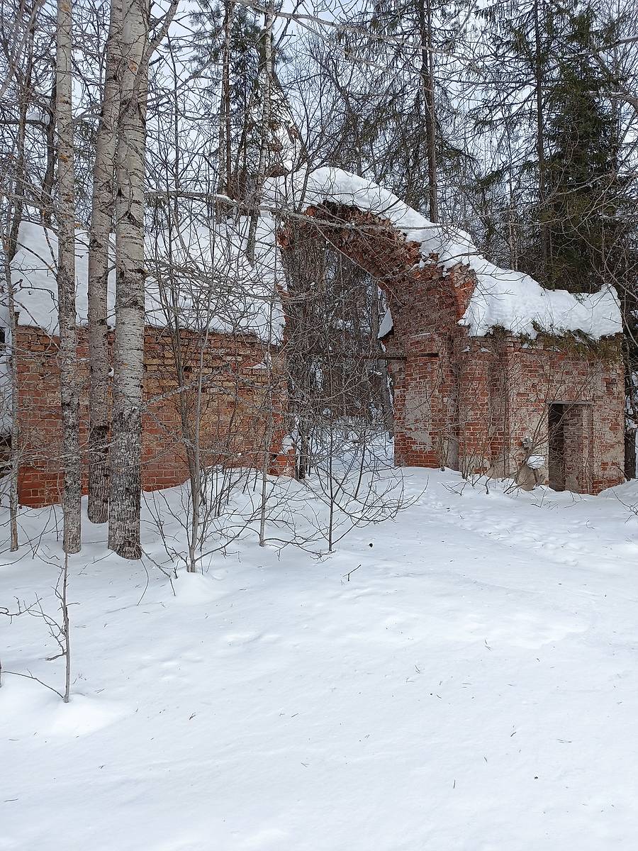 общий вид в ландшафте. Храмовый комплекс. Церкви Богоявления Господня и Рождества Пресвятой Богородицы, Николо-Каликино, урочище (Антроповский район, Костромская область)