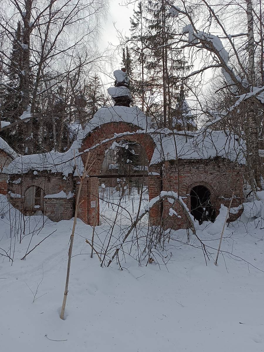 общий вид в ландшафте. Храмовый комплекс. Церкви Богоявления Господня и Рождества Пресвятой Богородицы, Николо-Каликино, урочище (Антроповский район, Костромская область)