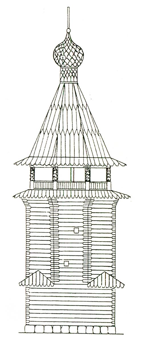 Колокольня. Реконструкция О.А. Гусева., графика. Церковь Николая Чудотворца, Жерновицы (Чагодощенский район, Вологодская область)
