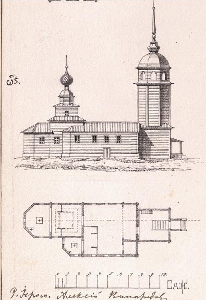 Обмерный чертёж Виноградова А. Н. и Всеславина А. С. 1887 г. из фондов Музея при Российской академии художеств. (Табл.XXIX. Музейный № А-5289), графика. Церковь Параскевы Пятницы, Абаканово (Череповецкий район, Вологодская область)