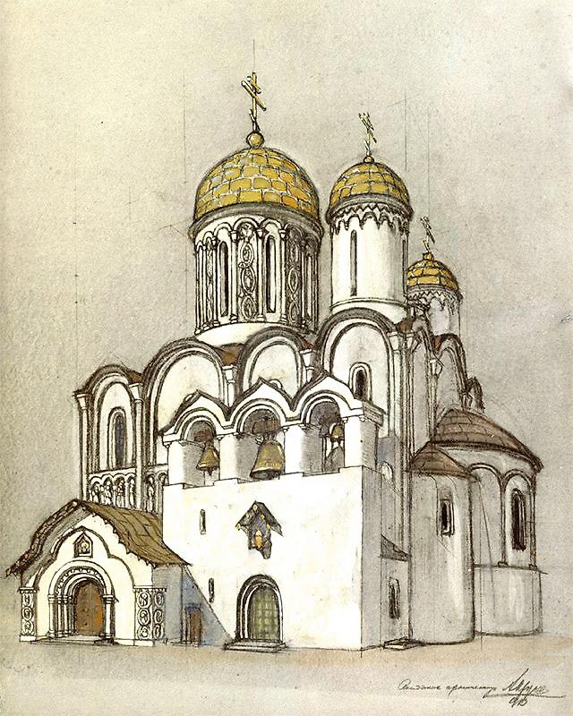 А.В. Щусев. Эскизный проект храма свт. Алексия в Царском Селе. Перспектива. 1913, графика. Церковь Алексия, митрополита Московского при Лейб-гвардии 1-м Стрелковом Его Величества полку, Пушкин (Царское Село) (Санкт-Петербург, Пушкинский район, г. Санкт-Петербург)