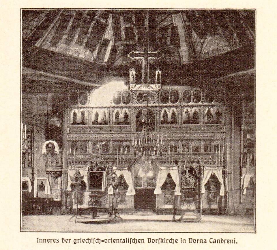Интерьер храма. Фото 1908 г. из приходского архива, архивная фотография. Церковь Успения Пресвятой Богородицы, Дорна-Кандренилор (Сучава, Румыния)