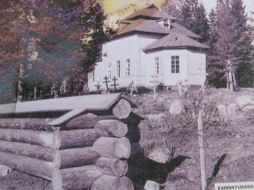 Старое финское фото, архивная фотография. Храмовый комплекс. Церкви Георгия Победоносца и Петра и Павла, Самбатукса (Олонецкий район, Республика Карелия)